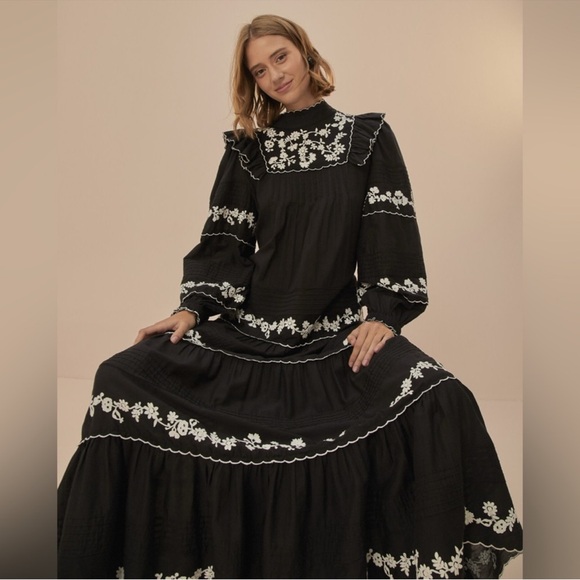 FARM Rio‎ Embroidered Long Sleeve Tiered Maxi Dress Black XS - Picture 4 of 12